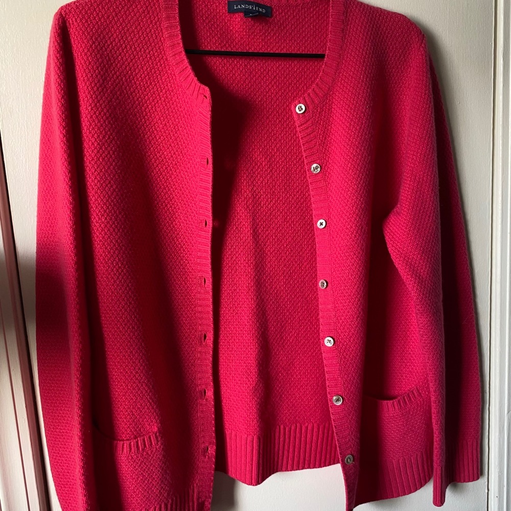 Lands' End Women's Cardigan Sweater Pink Button Front 100% Cashmere‎ Medium